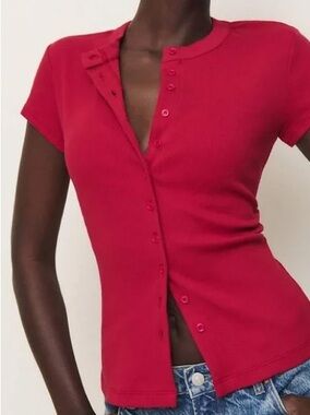 Reformation Raelynn knit ribbed button down top in rare lipstick red